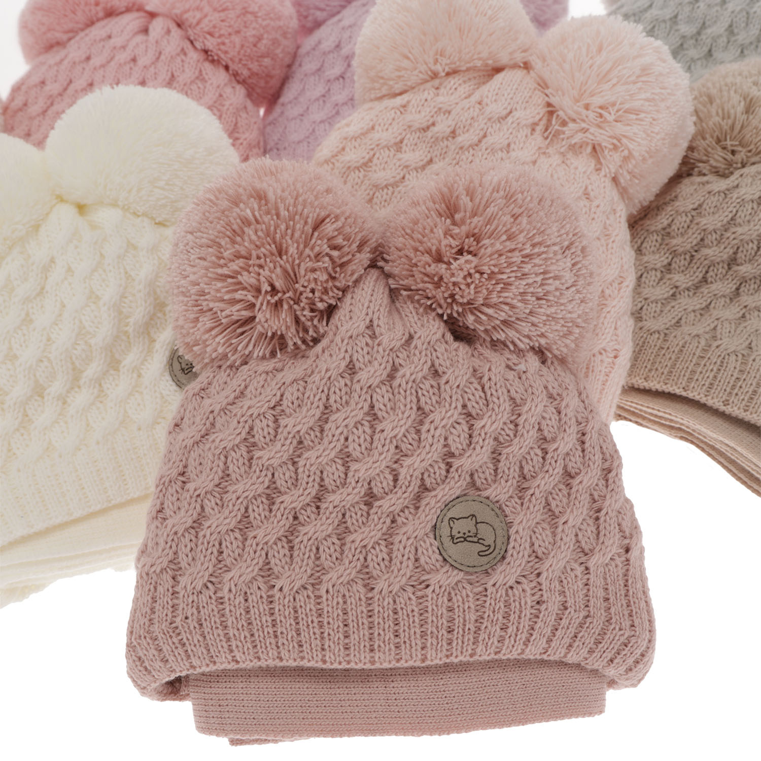 Ensemble d'hiver fille: bonnet et écharpe, blanc, avec deux pompons, avec liens, Anava