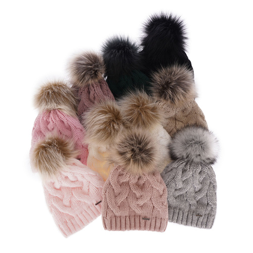 Bonnet d'hiver femme, rose, avec pompon, Terri