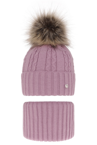 Ensemble d'hiver fille: bonnet et snood, violet, avec pompon, Felia