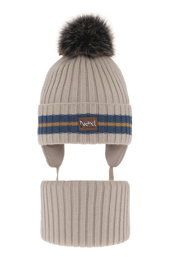 Ensemble d'hiver garçon: bonnet et snood, beige, avec pompon, Echo