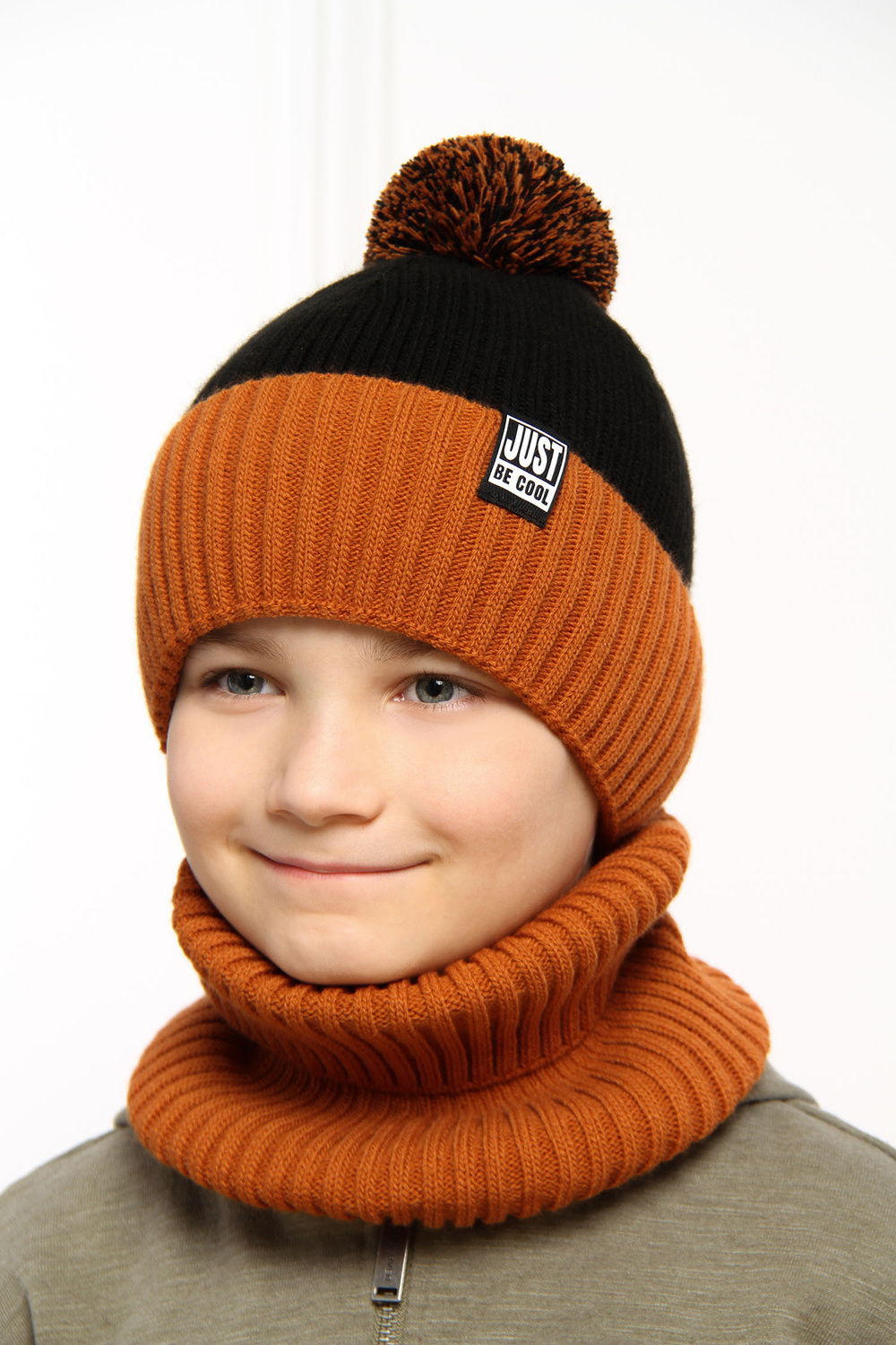 Jongens winter set muts en sjaal, blauw, met garen pompon, Arlekin