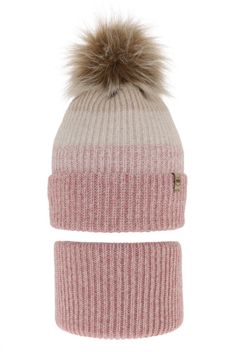 Ensemble d'hiver fille: bonnet et snood, rose, avec pompon, Gimena