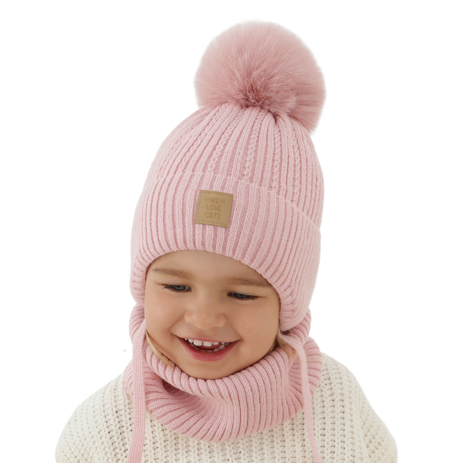 Ensemble d'hiver fille: bonnet et snood, lilas, avec pompon, Betty