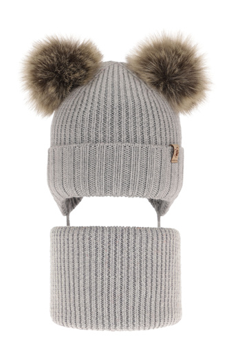 Ensemble d'hiver fille: bonnet et snood, gris, avec deux pompons, avec laine mérinos, Silvia