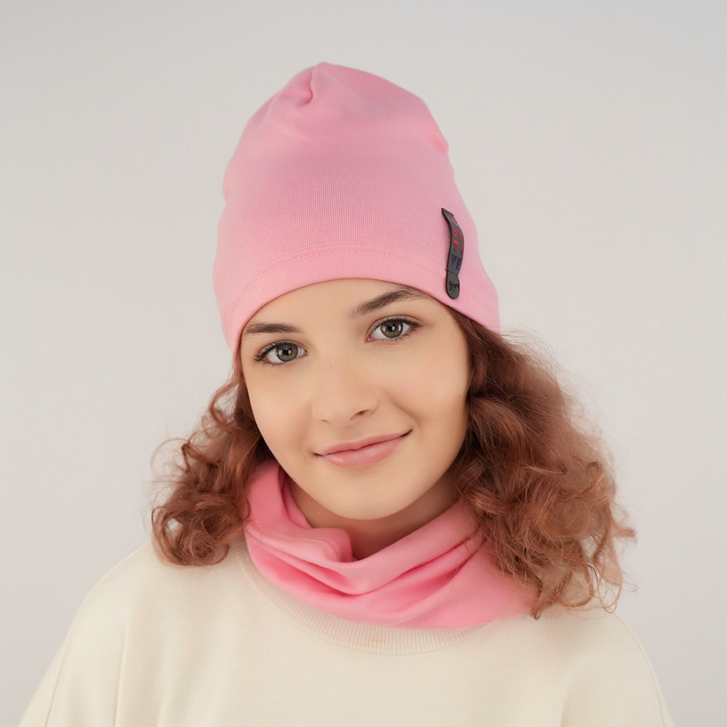 Meisjes herfst/lente set muts en buissjaal, roze, katoenen, Flores