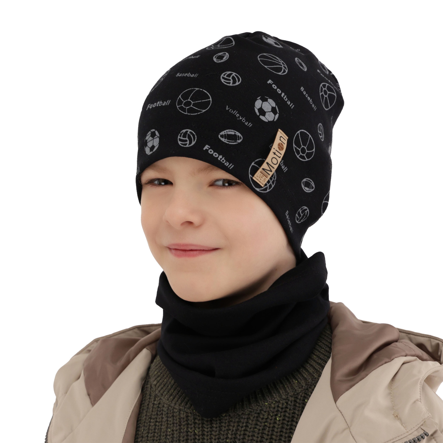 Ensemble automne/printemps garçon: bonnet et snood, gris, en coton, Paolo