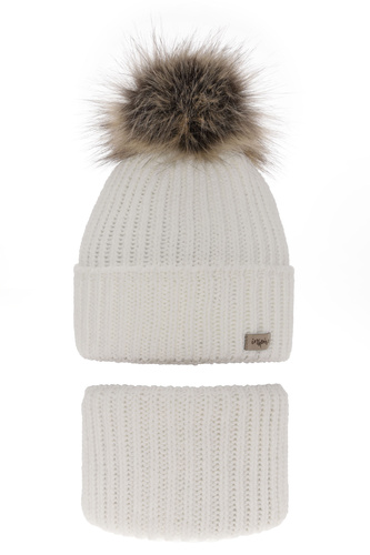 Ensemble d'hiver fille: bonnet et snood, blanc, avec pompon, Willow