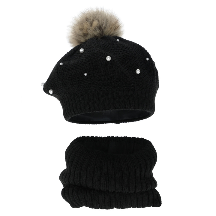Meisjes winter set: baret en buissjaal, gevoed met fleece, crème, met pompon, Jeanette