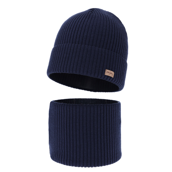 Ensemble automne/printemps garçon: bonnet et snood, 100% Laine Mérinos Extrafine, granatowy, Intro