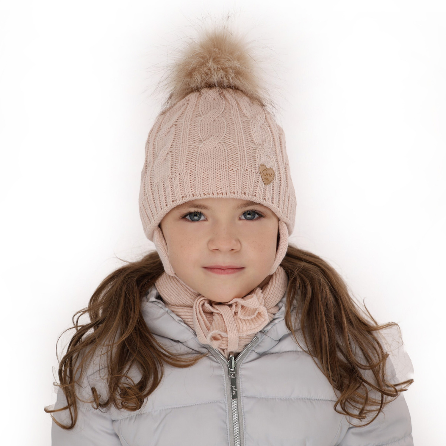 Meisjes winter set muts en sjaal, roze, met garen pompon, Morena