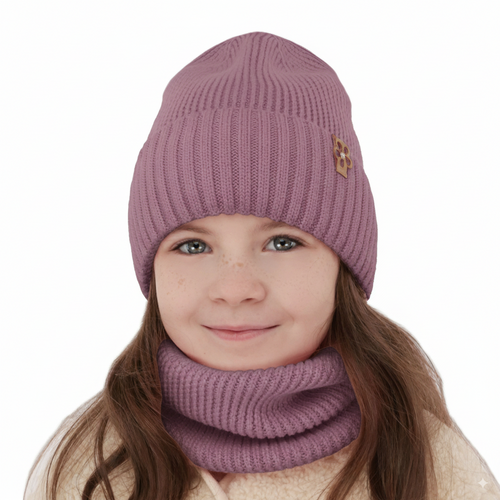 Ensemble d'hiver fille: bonnet et snood, violet, avec laine mérinos, Nelita