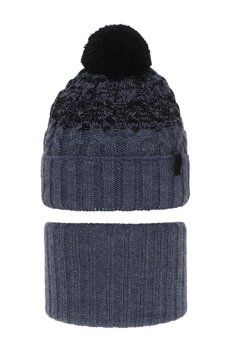 Jongens winter set muts en buissjaal, blauw, met garen pompon, Travis