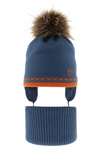 Ensemble d'hiver garçon: bonnet et snood, bleu, avec pompon, Elpis