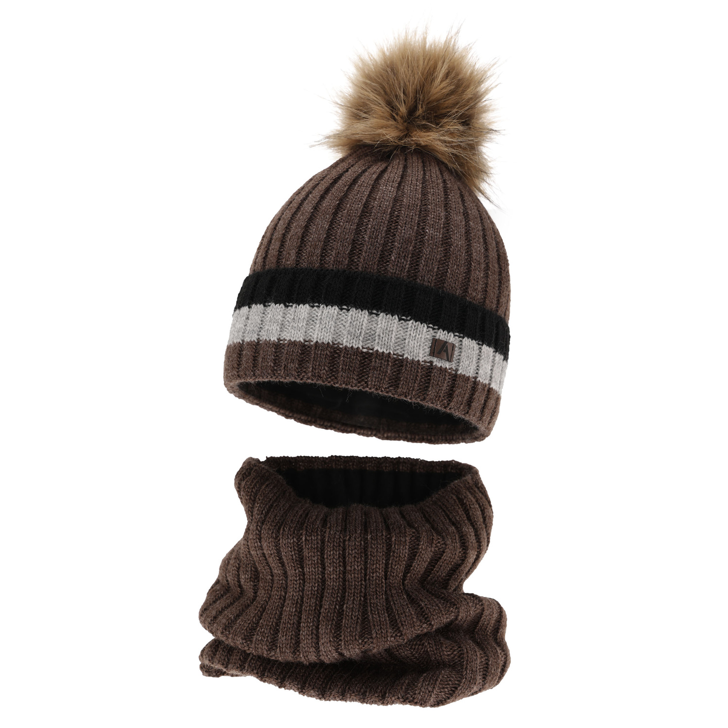 Ensemble d'hiver garçon: bonnet et snood, brun, avec pompon, doublé de polaire, Beno