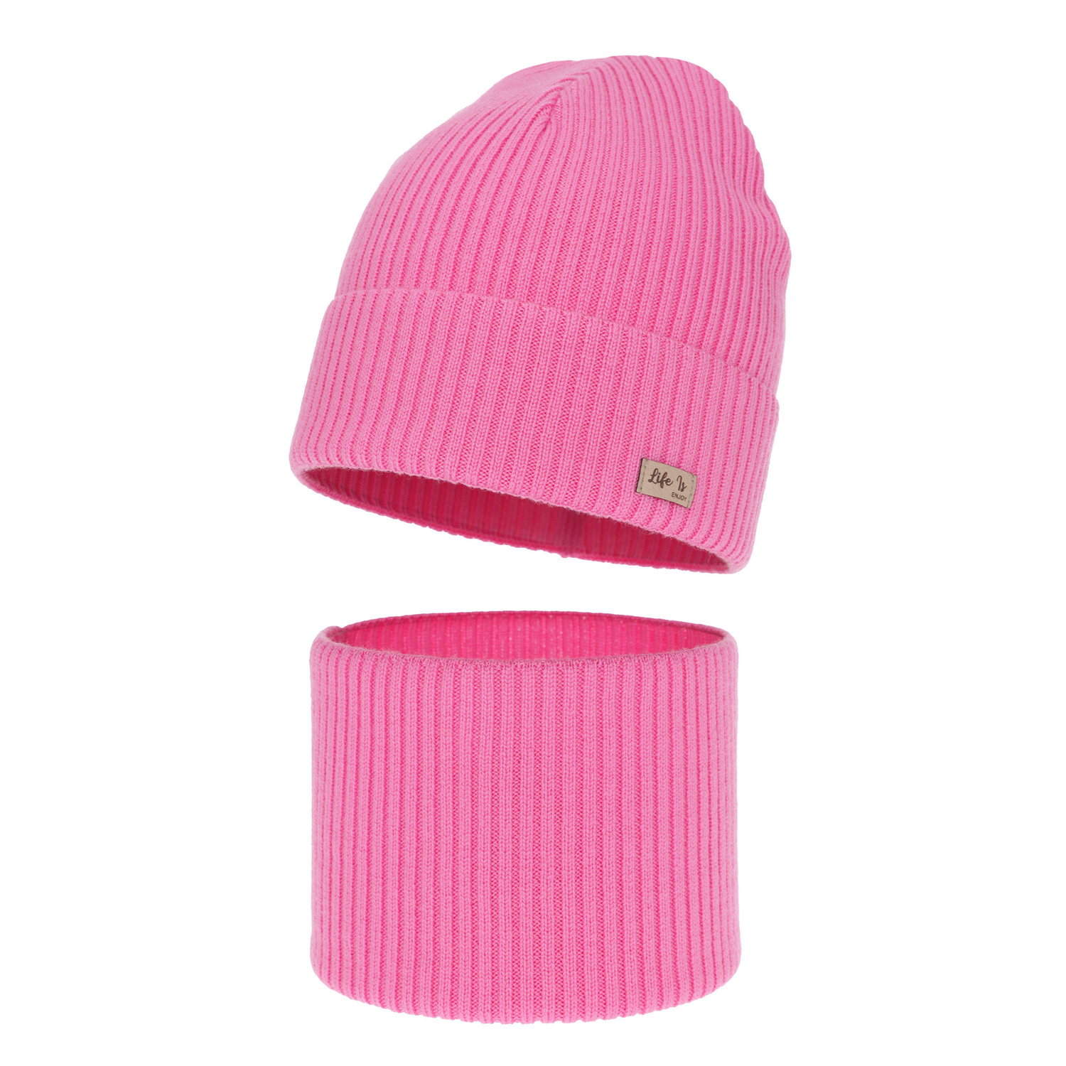 Ensemble automne/printemps fille: bonnet et snood, rose, 100% laine mérinos, Itra