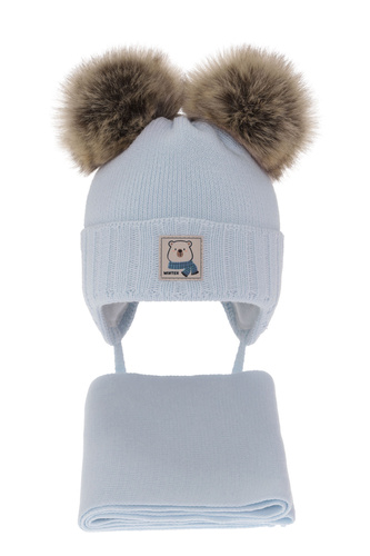 Ensemble d'hiver garçon: bonnet et écharpe, bleu, avec deux pompons, lié, Jewel