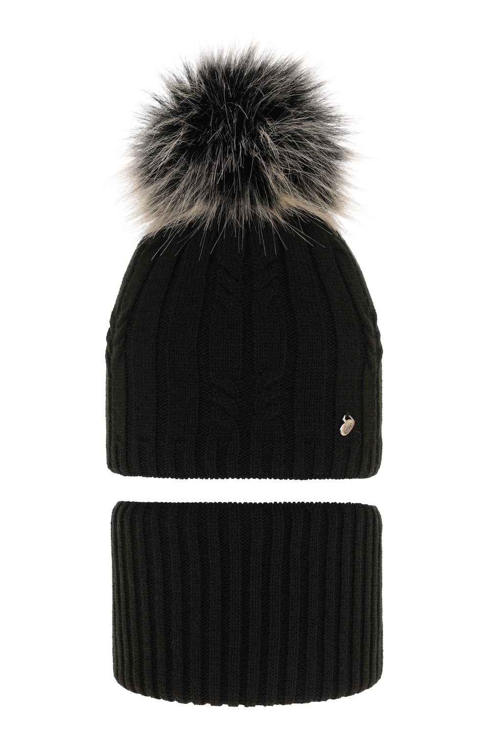 Ensemble d'hiver fille: bonnet et snood, noir, avec pompon, Amaltea