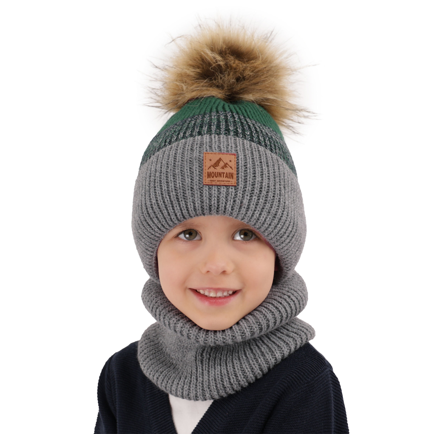 Ensemble d'hiver garçon: bonnet et snood, gris, avec pompon, Buffalo