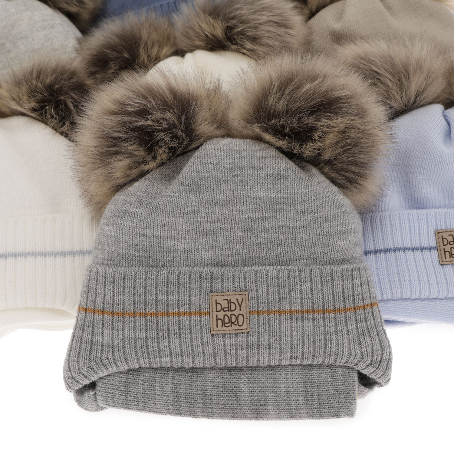 Ensemble d'hiver garçon: bonnet et écharpe, crème, avec deux pompons, Melon