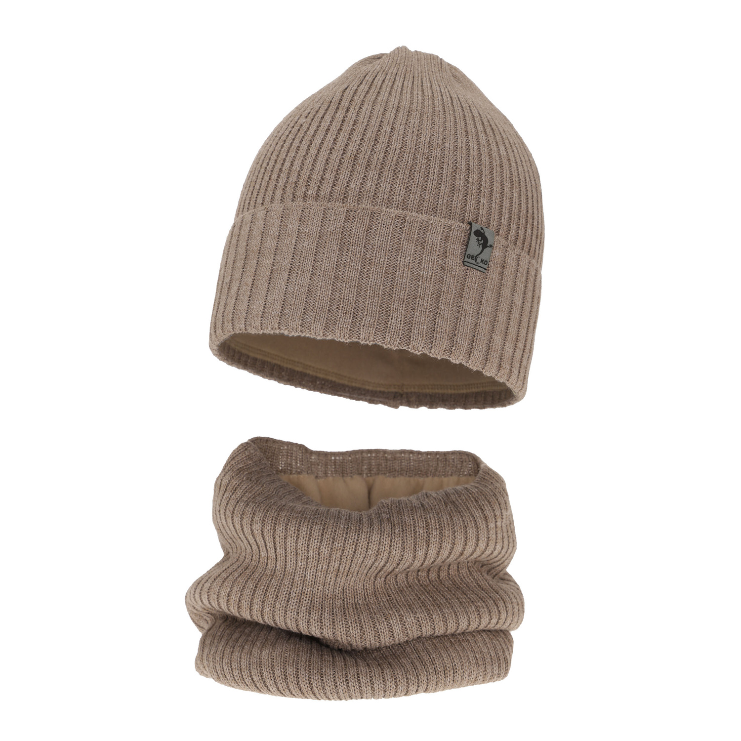 Ensemble d'hiver garçon: bonnet et snood, beige, avec laine mérinos, Gecko