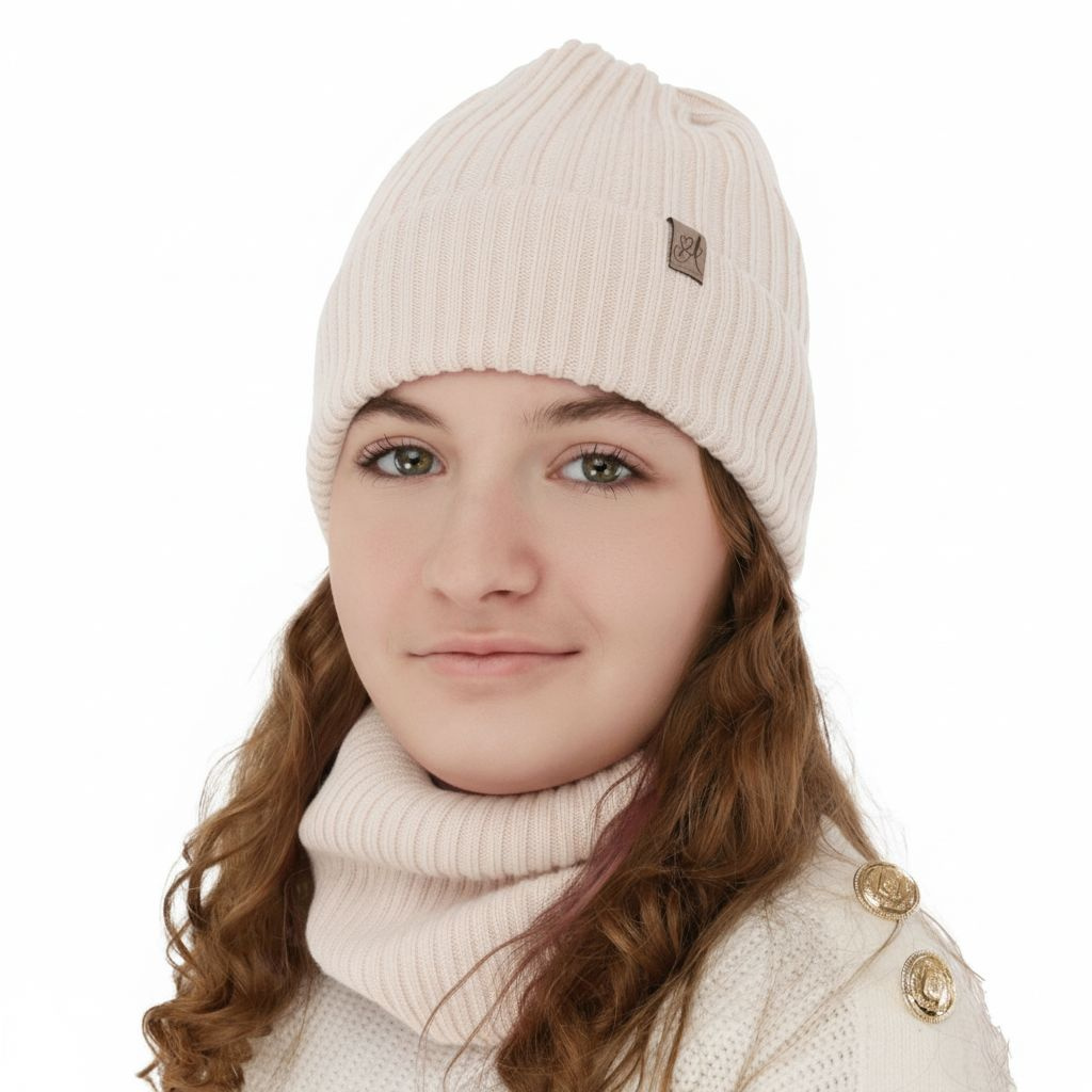 Ensemble d'hiver fille: bonnet et snood, rose clair, avec laine mérinos, Patricia