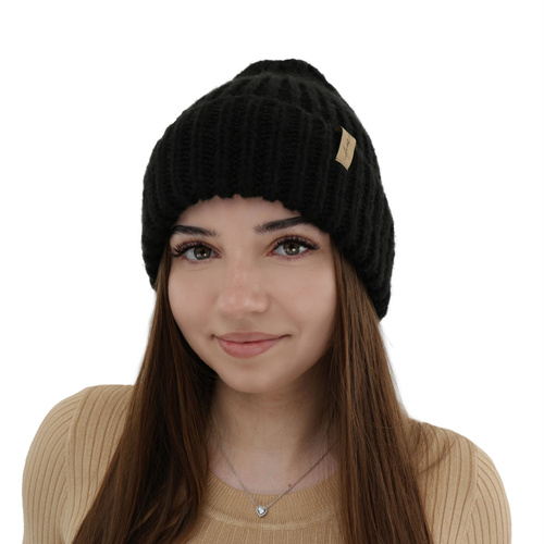 Bonnet d'hiver femme, noire, avec laine mérinos, Caro