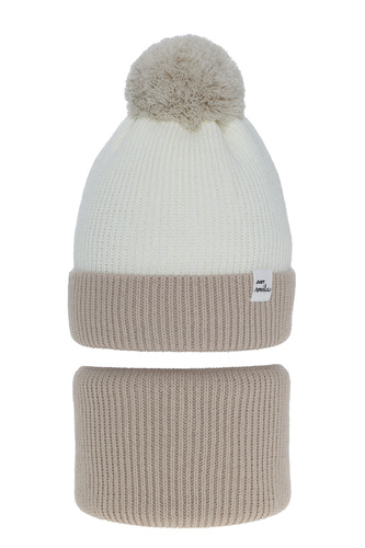 Meisjes winter set muts en sjaal, beige, met garen pompon, Rosalin