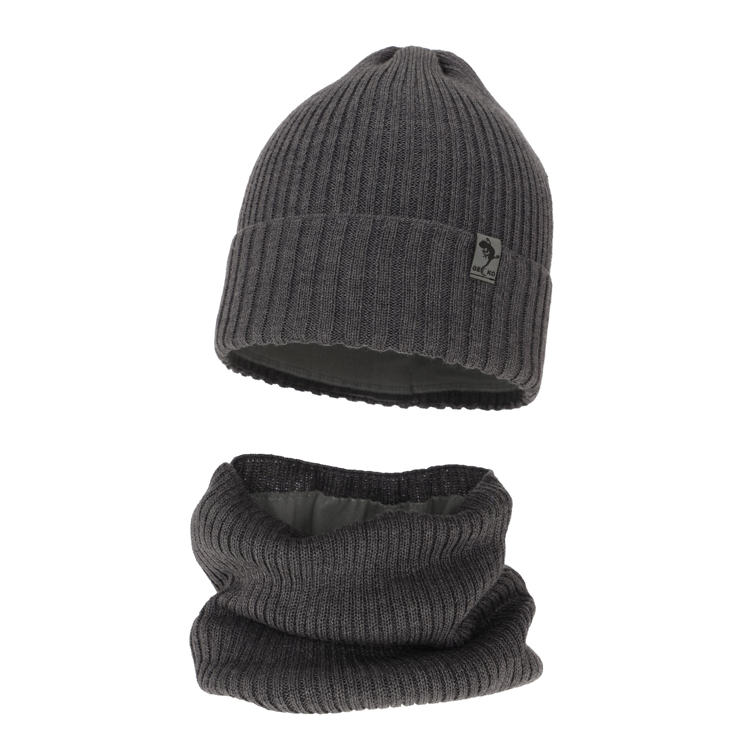 Ensemble d'hiver garçon: bonnet et snood, gris, avec laine mérinos, doublé de polaire, Gecko