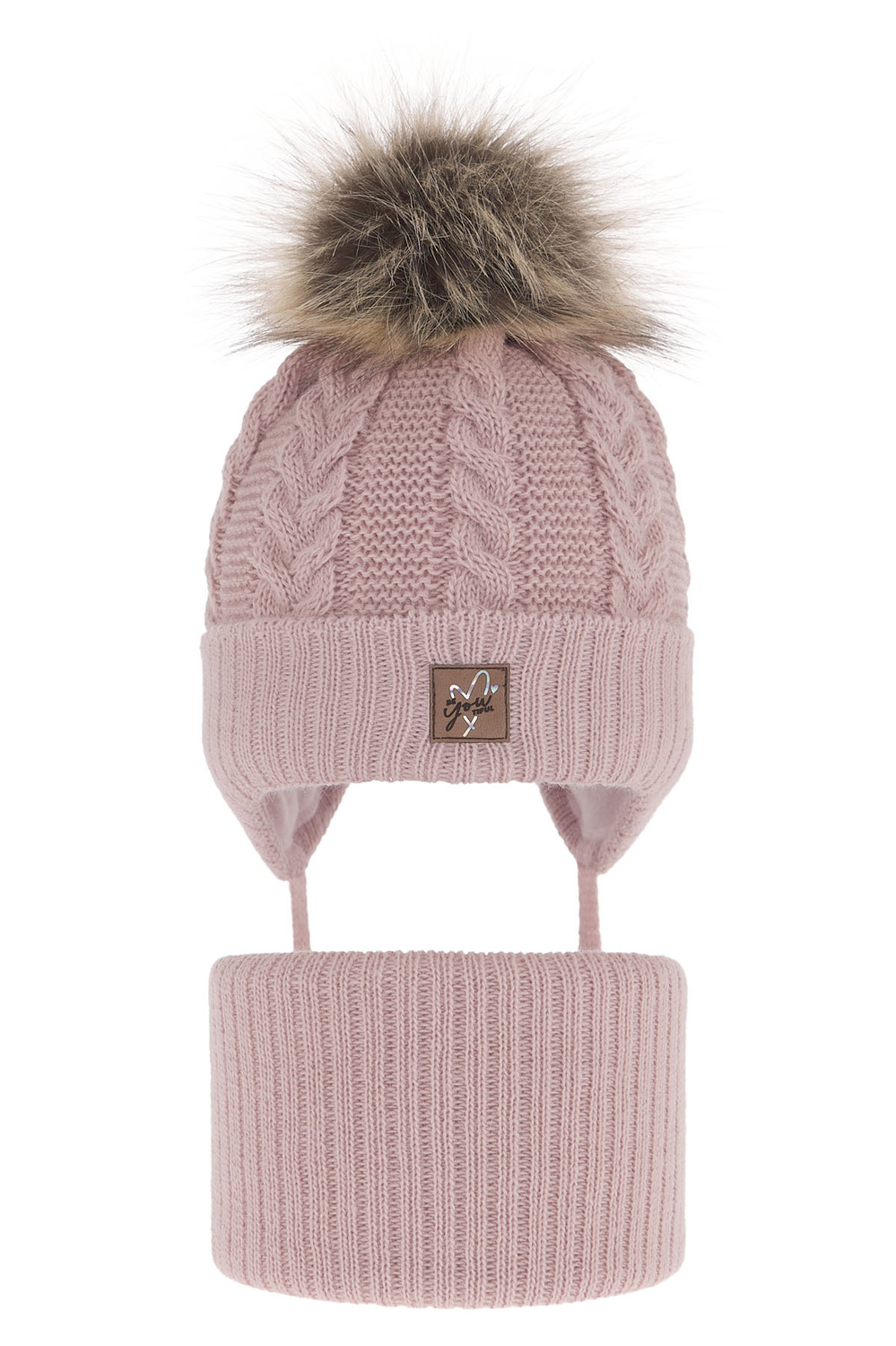Ensemble d'hiver fille: bonnet et snood, rose, avec liens, avec pompon, Finess