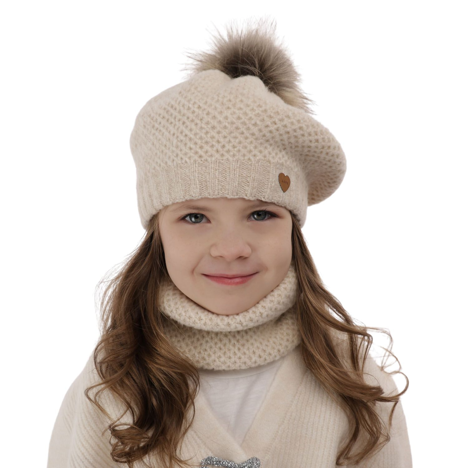 Ensemble d'hiver fille: beret et snood, beige clair, avec pompon, Francesca