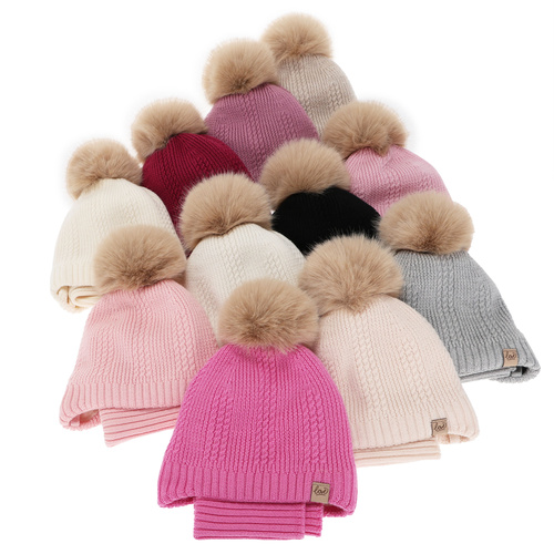 Meisjes winter set (muts en buissjaal), roze, 100% Merino Wol, gevoerd met wollen fleece, met bindkoorden Danielle