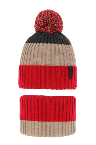 Jongens winter set muts en buissjaal, rood, met garen pompon, Karson