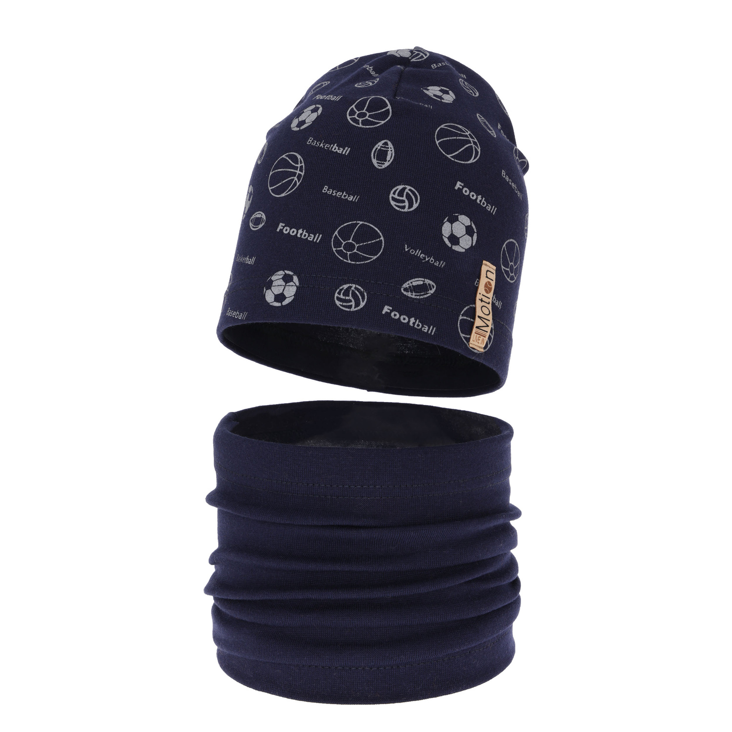 Ensemble automne/printemps garçon: bonnet et snood, bleu marine, en coton, Paolo