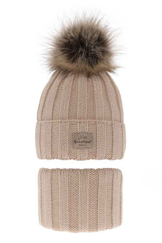 Ensemble d'hiver fille: bonnet et snood, beige, avec pompon, Kaliope