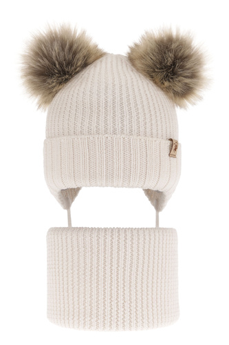Ensemble d'hiver fille: bonnet et snood, blanc, avec deux pompons, avec laine mérinos, avec liens, Silvia