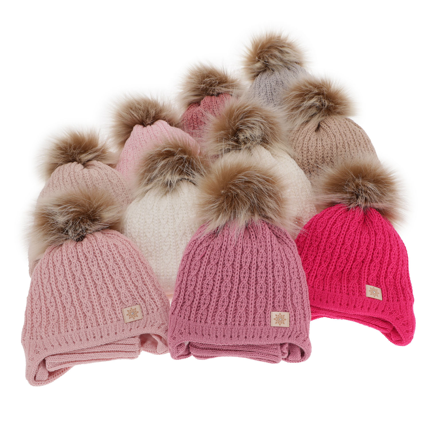 Ensemble d'hiver fille: bonnet et snood, rose, avec pompon, avec liens, Passa