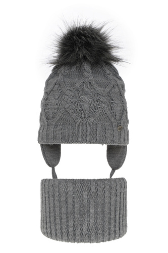 Meisjes winter set muts en buissjaal, grijs, met garen pompon, met bindkoorden, Elena