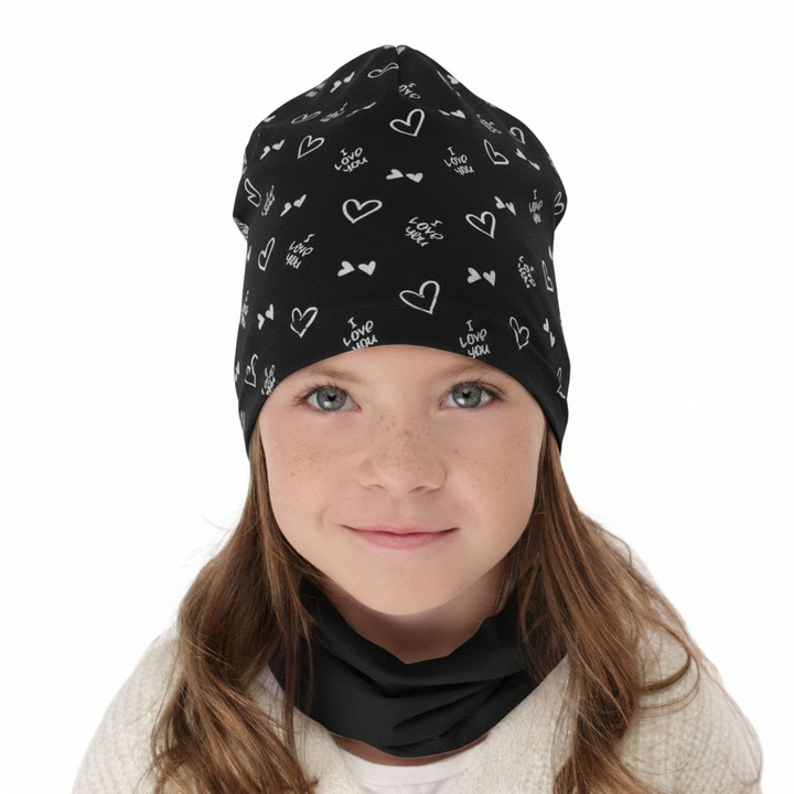 Ensemble automne/printemps fille: bonnet et snood, noir, en coton, Lovena