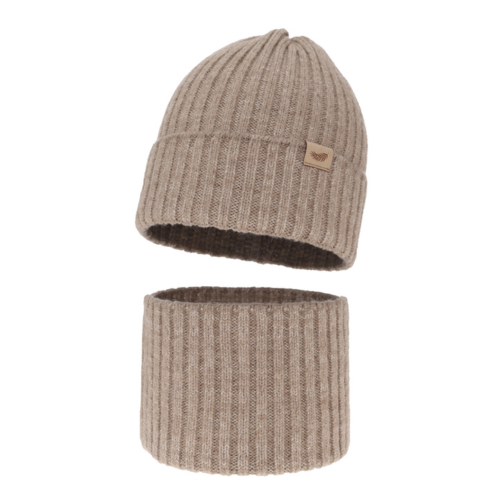 Ensemble d'hiver fille: bonnet et snood, beige, avec laine mérinos, Karmina