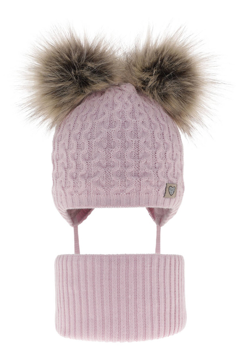 Ensemble d'hiver fille: bonnet et snood, lilas, avec deux pompons, avec liens, Poliana