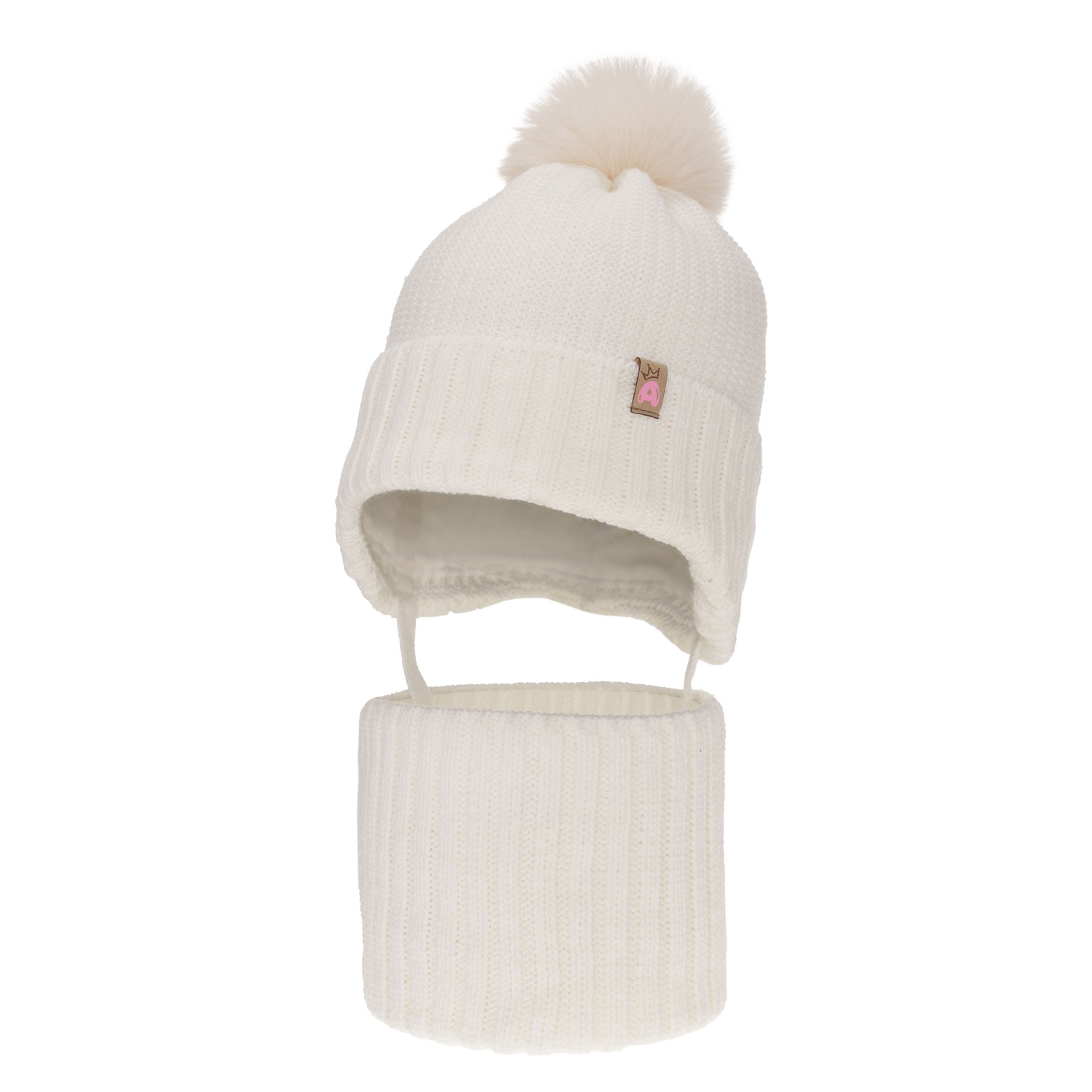 Ensemble d'hiver fille: bonnet et snood, blanc, avec pompon, Kaya