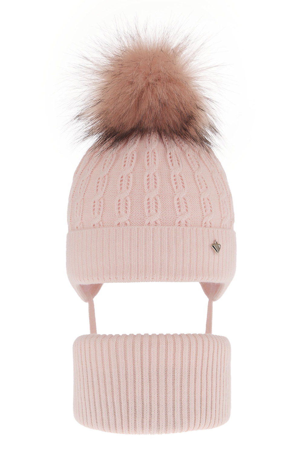 Ensemble d'hiver fille: bonnet et snood, rose clair, avec pompon, avec liens, Tukana