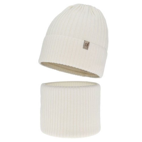 Ensemble d'hiver fille: bonnet et snood, blanc, avec laine mérinos, Patricia