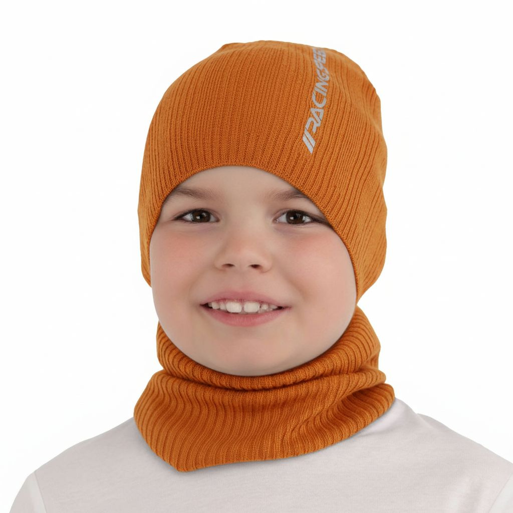 Ensemble automne/printemps garçon: bonnet et snood, met katoen, orange, Kolorado