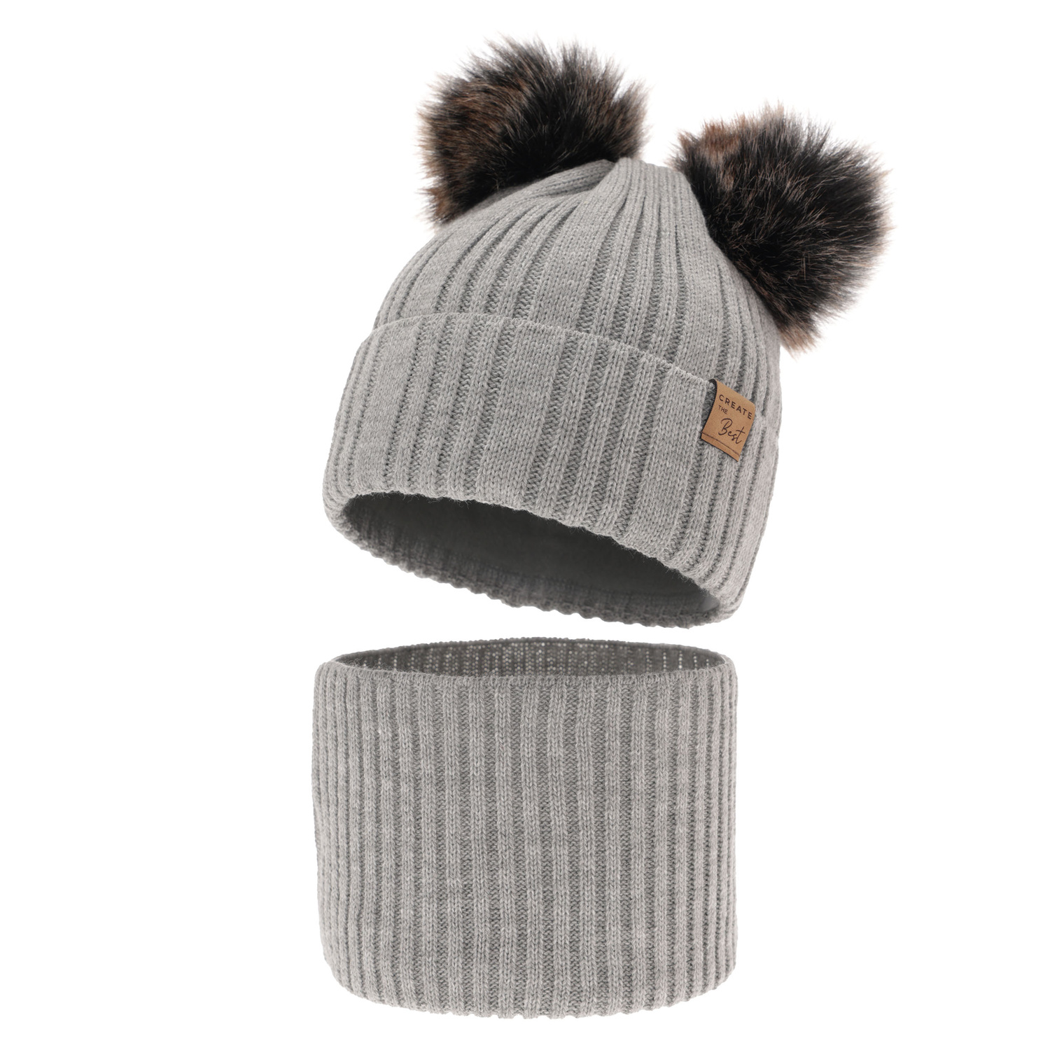 Ensemble d'hiver garçon: bonnet et snood, gris clair, avec deux pompons, Bilard