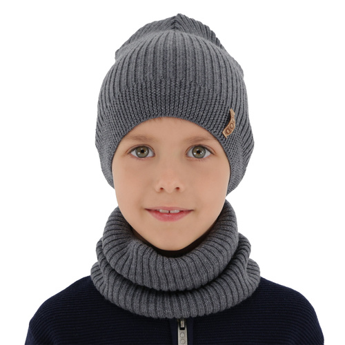 Ensemble automne/printemps garçon: bonnet et snood, gris, avec laine mérinos, Chester