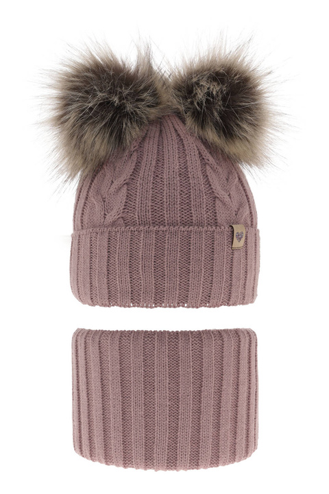 Ensemble d'hiver fille: bonnet et snood, violet, avec deux pompons, Amala