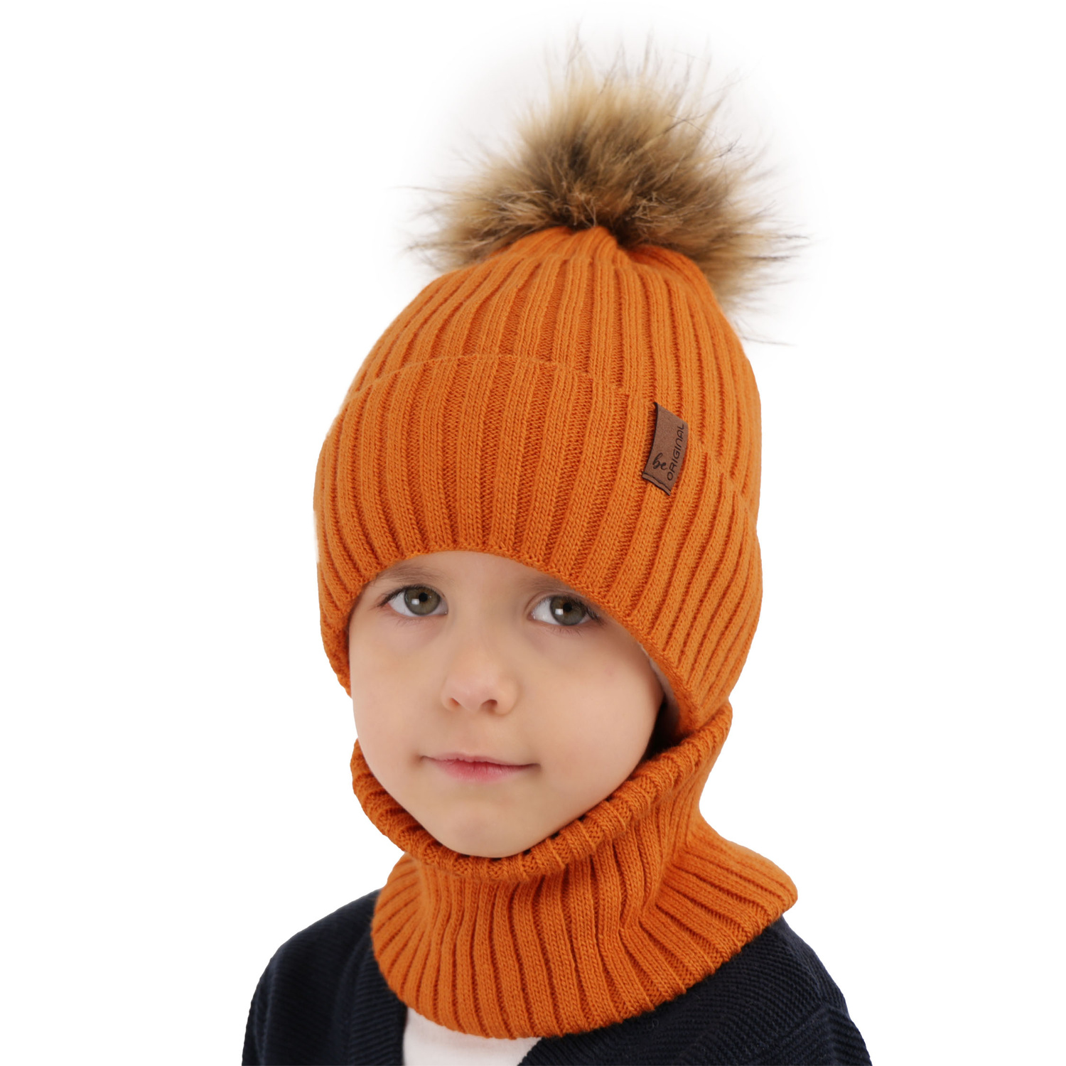 Ensemble d'hiver garçon: bonnet et snood, camel, avec pompon, Onyks