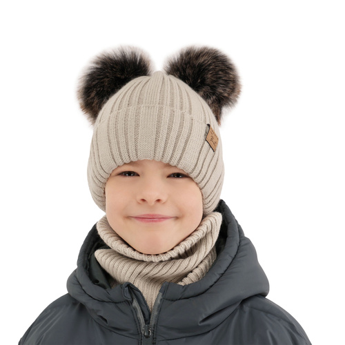 Ensemble d'hiver garçon: bonnet et snood, noir, avec deux pompons, Bilard