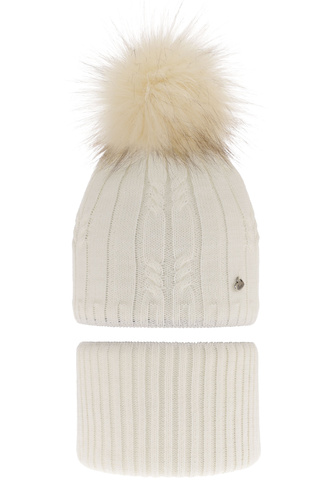 Ensemble d'hiver fille: bonnet et snood, crème, avec pompon, Amaltea
